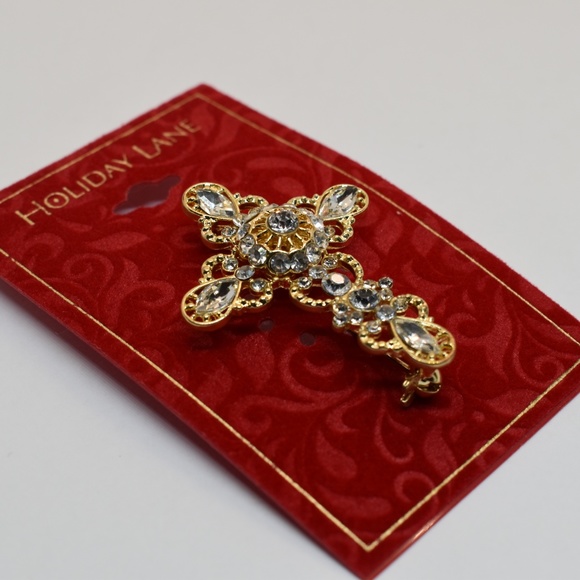 Holiday Lane Gold Tone Crystal Cross Pin - Picture 2 of 3